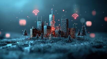 Poster - a panoramic view of a city with 5g network coverage, represented by glowing icons and data streams f