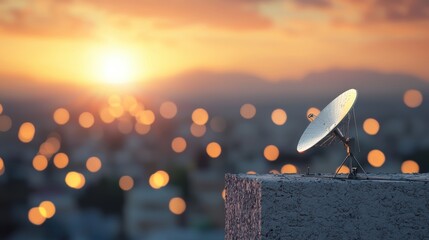 Poster - multiple satellite dishes on a rooftop, receiving and transmitting signals from space, highlighting 