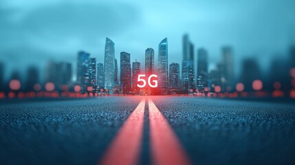 Poster - a 5g logo projected onto a cityscape, representing the rollout and adoption of advanced mobile netwo