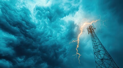 Poster - a telecommunications tower standing tall against a stormy sky, representing the resilience and impor