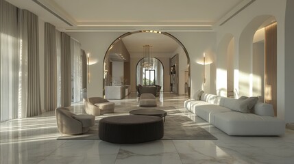 Wall Mural - A modern, spacious living room with elegant furniture and natural light.