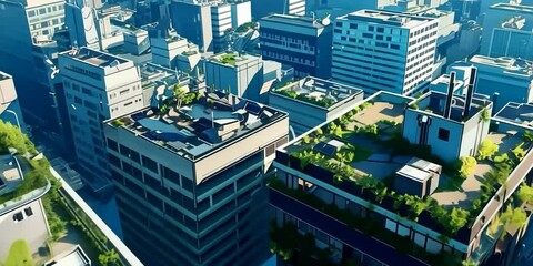 Poster - Urban landscape with green rooftops and solar panels, 4K Video