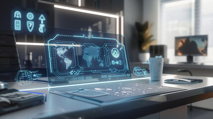 Poster - A modern office desk with a glowing augmented display of biometric security scans, showing encrypted IDs and real-time access logs.