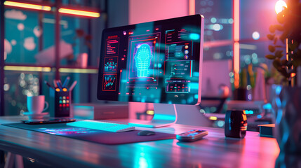 Poster - A modern office desk with a glowing augmented display of biometric security scans, showing encrypted IDs and real-time access logs.