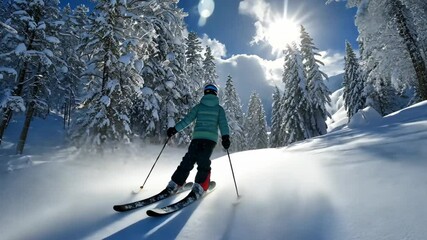 Canvas Print - Skier descending a narrow, tree-lined run with fresh snow spraying, creating a dynamic winter sports scene. . 4K Video