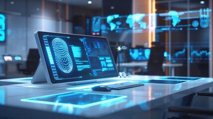 Poster - a modern office desk with a glowing augmented display of biometric security scans, showing encrypted