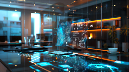 Poster - A modern office desk with a glowing augmented display of biometric security scans, showing encrypted IDs and real-time access logs.