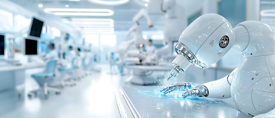 Poster - Innovative robotic assistance in a high-tech laboratory showcasing medical equipment and safety protocols in a controlled environment