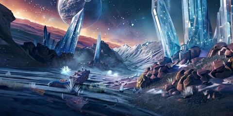 Wall Mural - Breathtaking alien landscape with towering crystal formations and bioluminescent flora under a sky filled with multiple moons, 4K Video