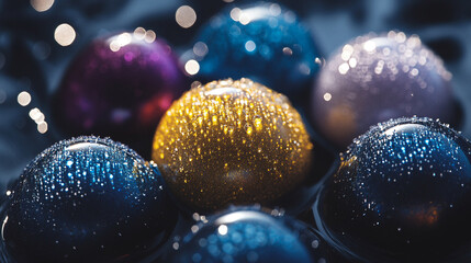 Poster - Colorful droplets of water on shiny spherical surfaces in a close-up view