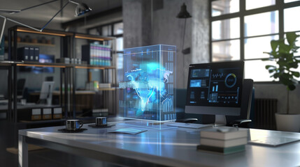 Poster - online data backup system virtual hologram display in modern office