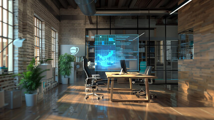 Poster - online data backup system virtual hologram display in modern office