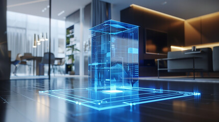 Poster - online data backup system virtual hologram display in modern office