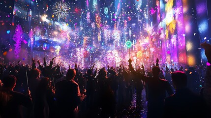 Wall Mural - A New Year’s Eve party with a backdrop of glittering decorations, people celebrating with party poppers, and a countdown clock on display 