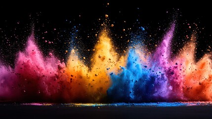 Wall Mural - A vibrant explosion of colored powders against a dark background, evoking energy and creativity.