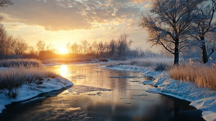 Canvas Print - Winter river partially frozen, with snow-covered banks and a soft morning light casting a glow on the landscape. . 4K Video