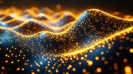 Wall Mural - Abstract digital landscape with glowing waves and particles in blue and orange hues.