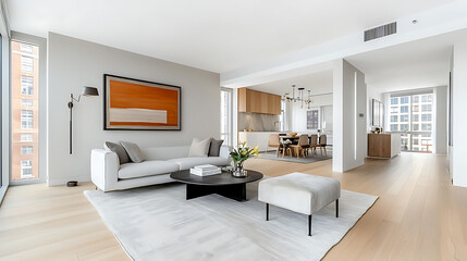 Poster - Modern minimalist interior design for building house in urban setting with bright natural light and open space concept
