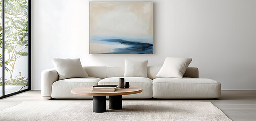 Poster - Building a minimalist house interior with a cozy living room modern design indoor environment aesthetic viewpoint for tranquility