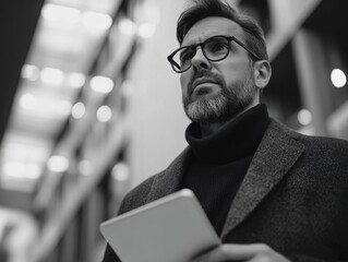 Wall Mural - Man with glasses holding tablet