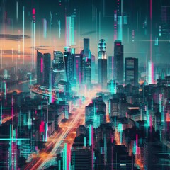 Poster - digital glitch a distorted image of a cityscape layered with pix