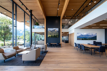 Poster - Creating a modern workspace designer office with wood slat feature wall black canvas art and industrial ceiling in a contemporary setting