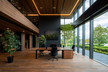 Poster - Creating an inviting office space contemporary business interior with wood slat feature wall and designer furniture industrial ceiling and inspiring artwork