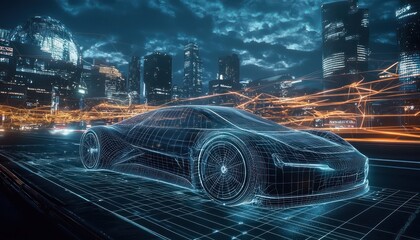 Poster - High-res wireframe car on a city road visualized for futuristic automotive design.
