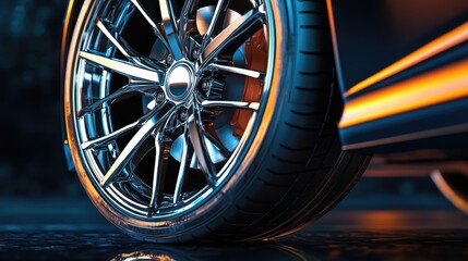 Poster - Close-up of a Glossy Car Wheel with Chrome Finish and Tire Tread