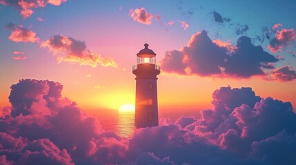 Wall Mural - Lighthouse Ocean Sunset