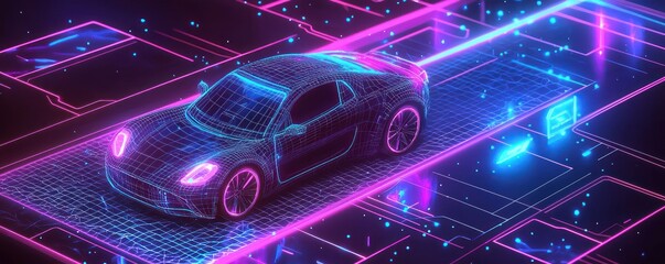 Poster - Holographic HUD display of a smart car with isometric low poly wireframe in cosmic.