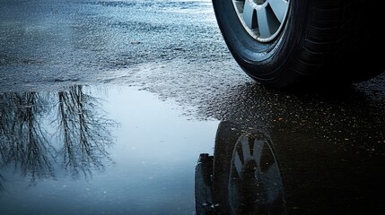 Poster - Reflection of Car Wheel in Puddle After Rain on Wet Asphalt
