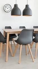 Wall Mural - Elegant dining area featuring a modern wooden and black set with stylish chairs in a serene white room