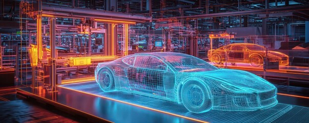 Poster - Neon wireframes highlight machinery in a VR display of a high-tech car factory.
