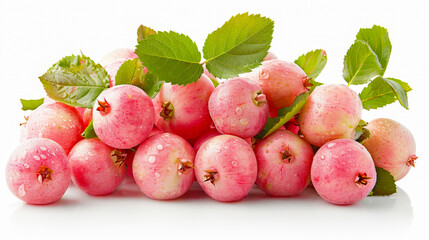 Wall Mural - Cluster of fresh pink crab apples adorned with leaves and dewdrops, presenting a natural look