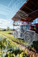 Poster - AR display features a wireframe model of agricultural machinery in a virtual farm.