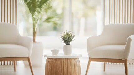 Canvas Print - Elegant modern interior design featuring minimalistic furniture with potted plant and decorative elements in a bright, inviting atmosphere