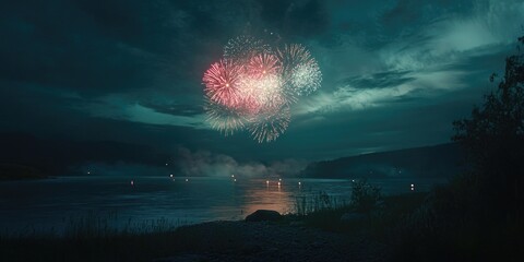 Canvas Print - Fireworks over water