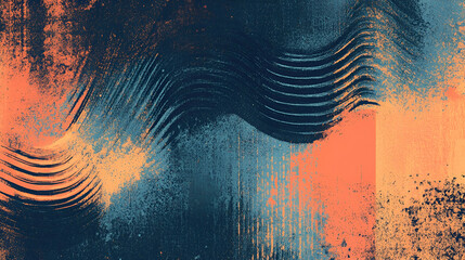Wall Mural - Grainy background with a blue, orange, and black gradient featuring abstract wave shapes and noise texture for a bold poster design