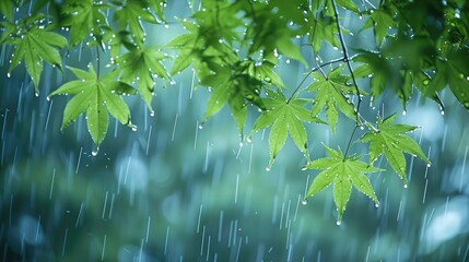 Poster - Spring rain, green leaves hanging from the branches of maple trees. Raindrops falling on a blue background. Natural spring landscape with rainy weather. Spring season in Japan.