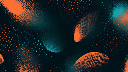 Wall Mural - Grainy background with noise texture, teal and orange abstract glowing gradient shapes on a black backdrop, ideal for banners or covers