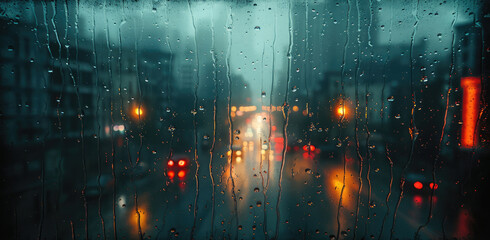 Poster - City rain, dark ambient, eerie horror, looking through a window.