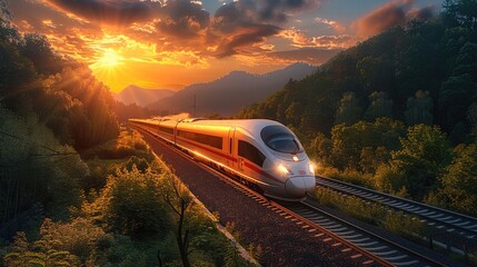Aufkleber - A high-speed train running on the railway track in a beautiful landscape with a green forest and mountains at sunset.