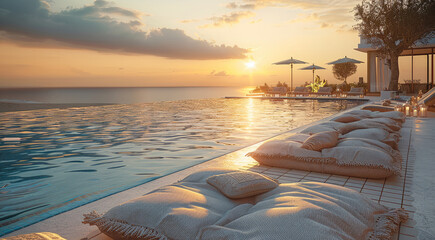 Aufkleber - An empty pool area with beach blankets on the ground with throw pillows during the evening when the sun is setting.