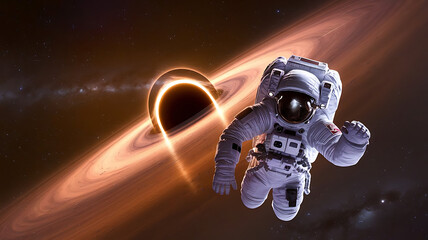 Astronaut Floating in Space Against a Glowing Black Hole with Radiant Accretion Disk, astronaut, space exploration, black hole, astronaut and blackhole
