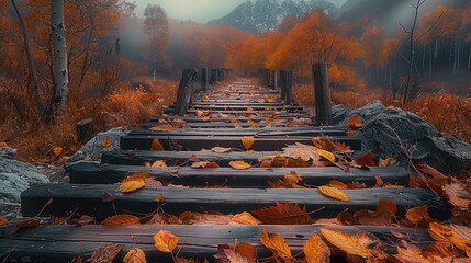 Poster - An old wooden bridge stretching across the misty forest during autumn low angle with big autumn leaves in the foreground foggy leading towards snowy mountains in the background.