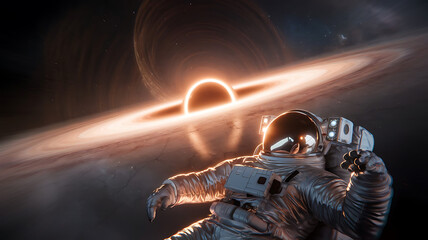 Astronaut Floating in Space Against a Glowing Black Hole with Radiant Accretion Disk, astronaut, space exploration, black hole, astronaut and blackhole