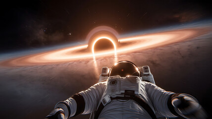 Astronaut Floating in Space Against a Glowing Black Hole with Radiant Accretion Disk, astronaut, space exploration, black hole, astronaut and blackhole