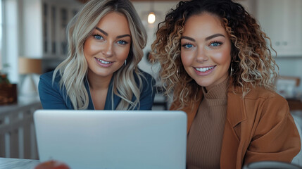 Sticker - Two women wearing business blue and brown clothes, smile and look intently at a laptop in a white cozy home.