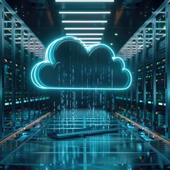 Poster - A single, powerful cloud server stands in the center of a sleek, futuristic data center. The server black, polished surface is illuminated by glowing neon blue and green lines, symbolizing data flow.